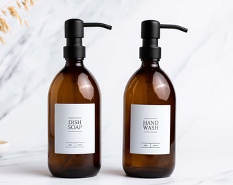 BELA Hand Soap & Dish Soap Amber Glass Bottle Set Of Two | Refillable Bottle With  Stainless Steel Dispenser | WHITE Label | Dish Soap