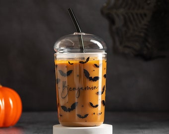 Tazza da caffè freddo in vetro personalizzata per Halloween con disegno di pipistrello