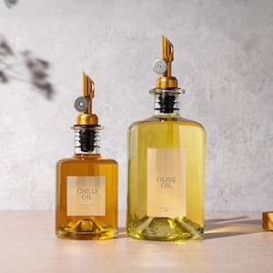 ESME Oil & Vinegar Glass Bottle Pourer | Size 200ml, 500ml | Silver, Bronze Gold Pourer | GOLD labels | Oil/Vinegar Dispenser