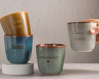 Personalised Reactive Glaze Mug: Custom Engraved Ceramic Coffee Cup. Handless mug