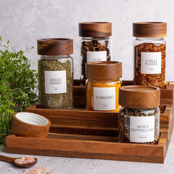 SAHARA Labelled Glass Spice Jars with Natural Acacia Wood Screw Top Lids | Size 210ml and 300ml | FREE Custom labels | Organise Pantry