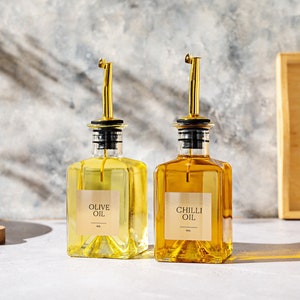 Gold Oil & Vinegar Dispenser: Square Glass Bottle Pourer (200ml)