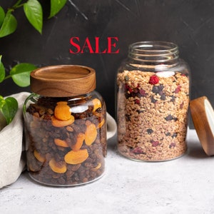 SALE ALORA Glass Jars with Natural Acacia Wood Screw Top Lids | Minor scratches and blemishes on Glass or/and lid | Non Refundable