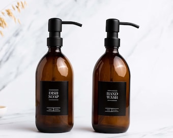 NERO Hand Soap & Dish Soap Amber Glass Bottle Set Of Two | Refillable Bottle With  Stainless Steel Dispenser | BLACK Label | Dish Soap