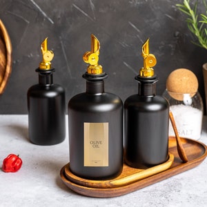 KINNA Oil & Vinegar Black Frosted Glass Bottle Pourer | Size 500ml | GOLD labels | Gold , Silver, Rose Gold, Black Pourer | Oil Dispenser