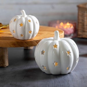 White Ceramic Pumpkin with Star detail | LED light / Tea light holder | Autumn Decor