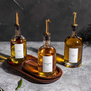 ARIA Oil & Vinegar Glass Bottle Pourer | Size 350ml, 500ml, 700ml | Silver, Gold, Rose Gold Pourer | Custom labels | Oil/Vinegar Dispenser
