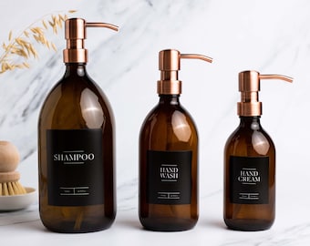 NERO Amber Glass Bottle | Labelled Refillable Bottle With ROSE Gold Stainless Steel Dispenser | Waterproof BLACK Label | Reuse | Dish Soap