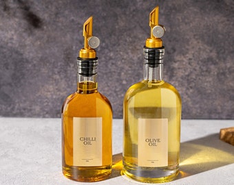 ASPEN Oil & Vinegar Glass Bottle Pourer | Size 200ml, 500ml, 700ml | Silver, Bronze Gold Pourer | GOLD Labels | Oil/Vinegar Dispenser