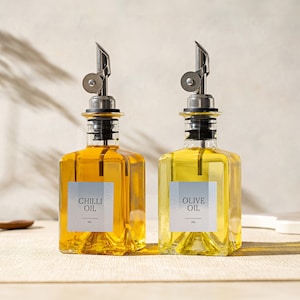 LEXI Oil & Vinegar Square Glass Bottle Pourer | Size 200ml  | Silver, Gold, Black, Rose Gold Pourer | SILVER Labels | Oil/Vinegar Dispenser