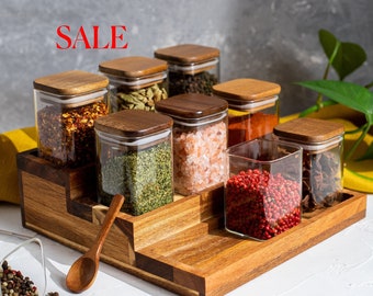 SALE CARA Square Glass Spice Jars with Natural Acacia Wood Lids | Size 250ml | Organise Pantry
