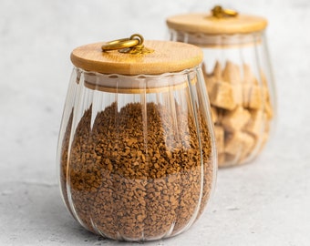 KENDRA Ribbed Oval Glass Jar with Bamboo Lid & Brass Hook | Size 650ml | Glass Pantry Jars | Tea Coffee Sugar | Organise Pantry