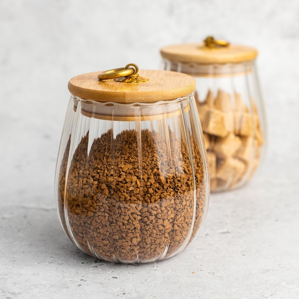 KENDRA Ribbed Oval Glass Jar with Bamboo Lid & Brass Hook | Size 650ml | Glass Pantry Jars | Tea Coffee Sugar | Organise Pantry