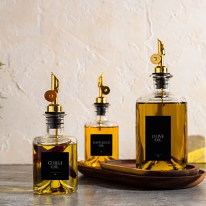 MAYA Oil & Vinegar Glass Bottle Pourer | Size 200ml, 500ml | Gold, Silver, Rose Gold, Black Pourer | BLACK labels | Oil/Vinegar Dispenser