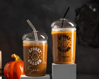 Tazza da caffè freddo di Halloween personalizzata con coperchio e cannuccia (450 ml)