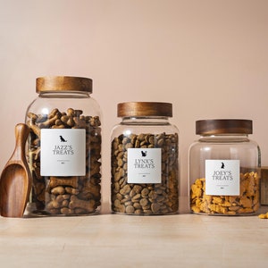 ALORA Pet Food Glass Jars with Natural Acacia Wood Screw Top Lids | FREE custom label | Pet food Jars | Food storage jars | Eco Glass Jars