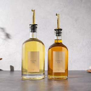 ZELDA Oil & Vinegar Glass Bottle Pourer | Size 350ml, 500ml, 700ml | Silver, Gold, Rose Gold Pourer | GOLD labels | Oil/Vinegar Dispenser