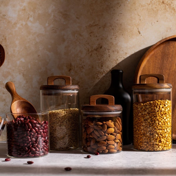 Bocaux en verre UMA avec couvercles en bois d'acacia naturel | Étiquette personnalisée GRATUITE | Bocaux garde-manger en verre | Organiser le garde-manger | Bocaux en verre écologiques