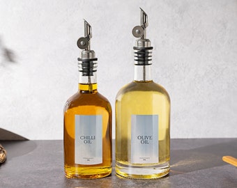 NOAH Oil & Vinegar Glass Bottle Pourer | Size 350ml, 500ml, 700ml | Gold, Silver, Rose Gold, Black Pourer | SILVER labels