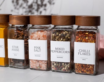 Square Glass Spice Jars with Acacia Wood Lids: Custom Minimalist Labels