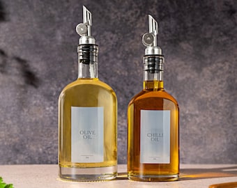 ASPEN Oil & Vinegar Glass Bottle Pourer | Size 200ml, 500ml, 700ml | Silver, Bronze Gold Pourer | SILVER Labels | Oil/Vinegar Dispenser