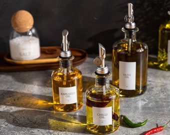 Glass Oil Dispenser Bottle: Stainless Steel Pourer, Custom Label