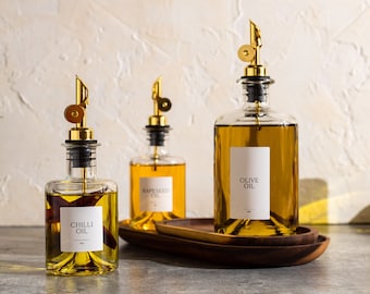 Glass Oil Dispenser: Stainless Steel Pourer, Free Labels