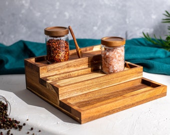 Étagère à épices à 3 niveaux en acacia AMAYA | Rangement pour pots à épices | Organiser le garde-manger