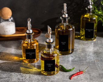 ORAH Glass Oil Dispenser: Stainless Steel Pourer, Custom Black Labels