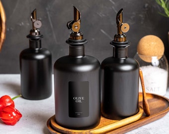 KINNA Black Frosted Glass Oil Dispenser: 500ml Stainless Steel Pourer