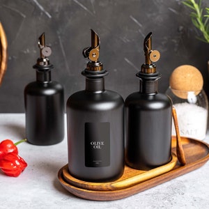 KINNA Oil/Vinegar Black Frosted Glass Bottle Pourer | Size 500ml | Black labels | Gold , Silver, Rose Gold, Black Pourer | Oil Dispenser