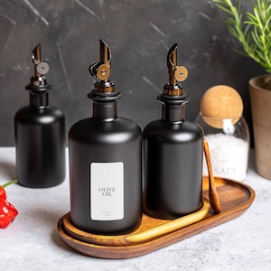 KINNA Oil & Vinegar Black Frosted Glass Bottle Pourer | Size 500ml | FREE labels | Gold , Silver, Rose Gold, Black Pourer | Oil Dispenser