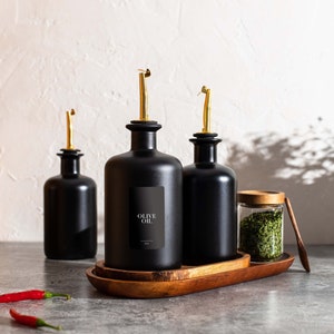 ONYX Oil & Vinegar Black Frosted Glass Bottle Pourer | Size 500ml | Custom Black label | Gold , Rose Gold, Silver Pourer | Organise Pantry