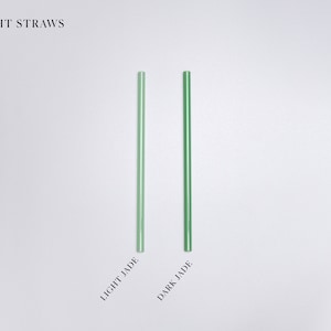 Pu&ograve; includere: Due cannucce dritte posizionate verticalmente. La cannuccia a sinistra &egrave; verde giada chiaro, mentre quella a destra &egrave; verde giada scuro. Il testo "STRAIGHT STRAWS" appare in alto a sinistra, con le etichette "LIGHT JADE" e "DARK JADE" sotto.