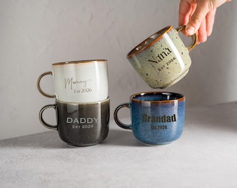 Personalised Family Name & Est Date Stoneware Mug: Custom Engraved Ceramic Coffee Cup