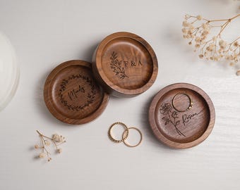 Personalised Walnut Wood Ring Dish, Engraved Wedding Ring Holder, Custom Jewellery Tray