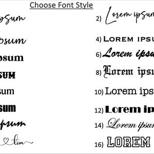 Op de afbeelding: Op een witte achtergrond staan 16 tekstvoorbeelden van de zin "Lorem ipsum" in verschillende lettertypen. De tekst "Choose Font Style" staat bovenaan. De tekstvoorbeelden zijn genummerd van 1 tot 16.