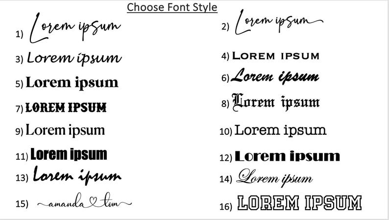 Op de afbeelding: Op een witte achtergrond staan 16 tekstvoorbeelden van de zin "Lorem ipsum" in verschillende lettertypen. De tekst "Choose Font Style" staat bovenaan. De tekstvoorbeelden zijn genummerd van 1 tot 16.