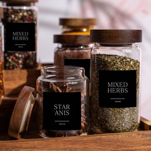 HIMAYA Glass Spice Jars with Natural Acacia Wood Lids Size 160ml & 300ml FREE Custom Black labels Organise Pantry zdjęcie 1