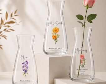 Personalised Glass Vase | Custom Birth Flower Name Vase | Mum Birthday Gift