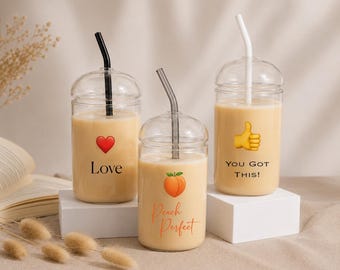 Personalised EMOJI Glass Iced Coffee Cup with Dome Lid & Straw (450ml)