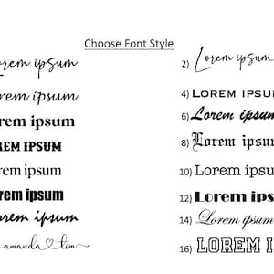 Pu&ograve; includere: Una tabella di selezione degli stili di carattere con l'intestazione Choose Font Style seguita da sedici opzioni numerate. La maggior parte delle voci mostra il testo Lorem ipsum in vari caratteri neri, mentre l'opzione 15 mostra i nomi amanda e tom con un cuore.