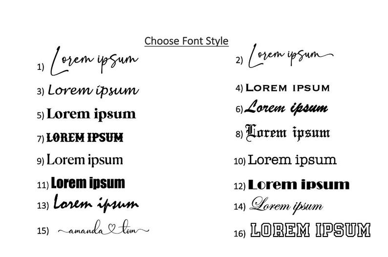 Pu&ograve; includere: Una tabella di selezione degli stili di carattere con l'intestazione Choose Font Style seguita da sedici opzioni numerate. La maggior parte delle voci mostra il testo Lorem ipsum in vari caratteri neri, mentre l'opzione 15 mostra i nomi amanda e tom con un cuore.