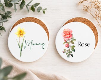 Personalised Birth Flower Ceramic Coaster, Custom Name Floral Gift