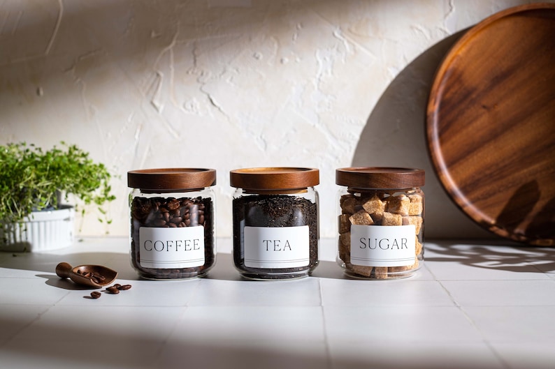 Acacia Wood Lid Glass Jars: Tea, Coffee, Sugar - Set of 3 (450ml) image 2