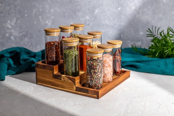 HIMAYA Glass Spice Jars With Natural Acacia Wood Lids Size 160ml FREE  Custom Minimalist Labels Organise Pantry 