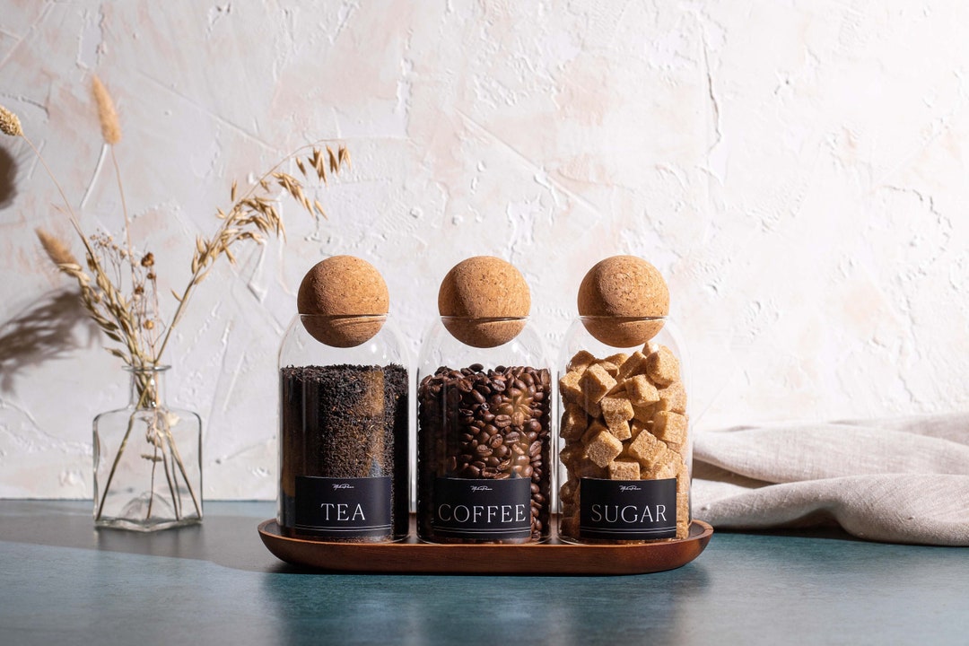 EBONY Set of 3 Cork Ball Glass Jars Tea Coffee Sugar Pantry Matte Black