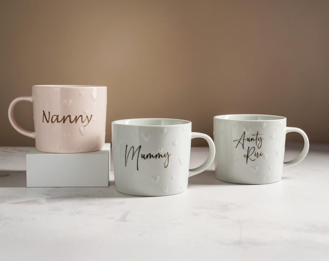 Personalised Embossed heart Ceramic Coffee Mug: Engraved Stoneware, Embossed Design