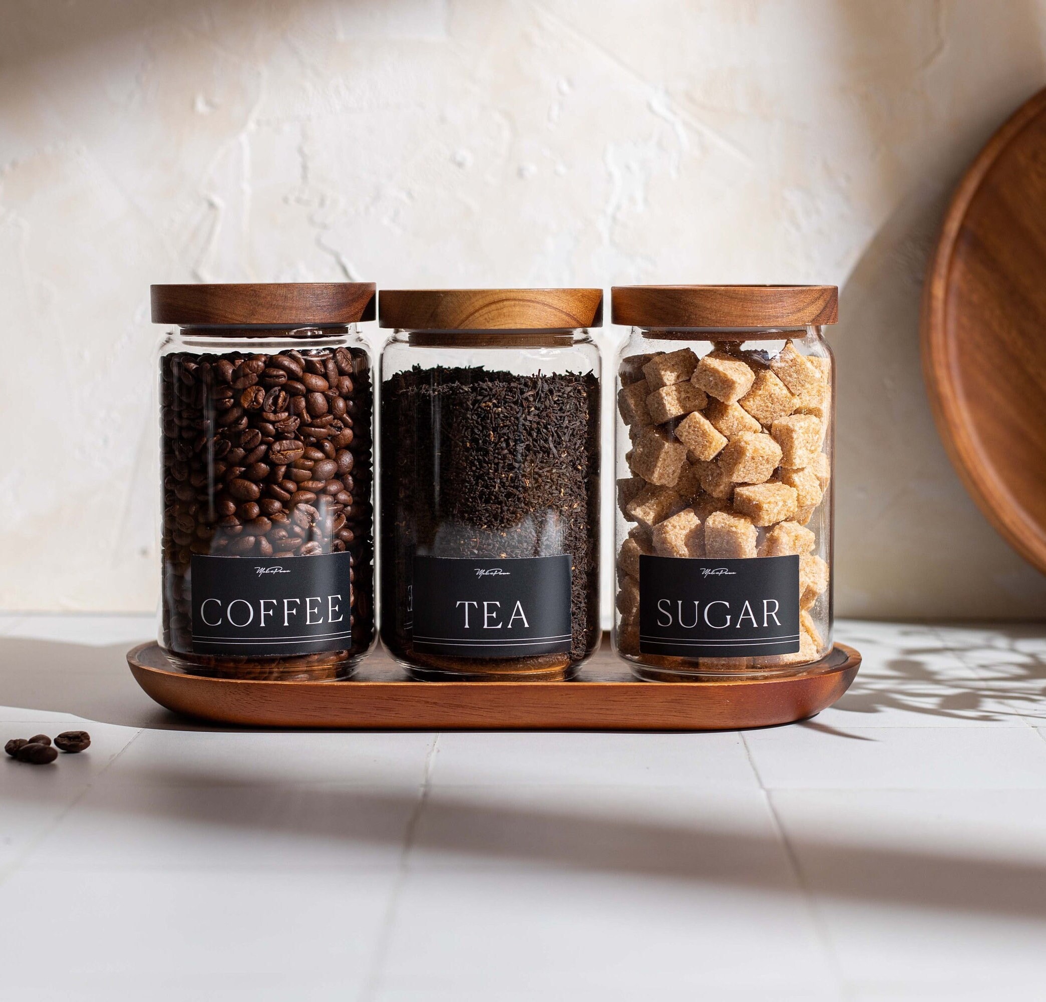 Acacia Wood Lid Glass Jars: Tea, Coffee, Sugar 750ml Set UK