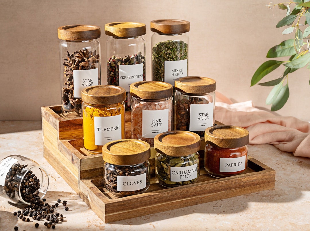 HIMAYA Glass Spice Jars With Natural Acacia Wood Lids Size 100ml 160ml 300ml FREE Custom Minimalist Labels Organise Pantry Etsy